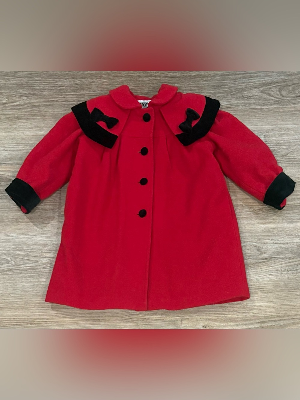 Braetan Red Girls' Wool Pea Coat with Black Trim 3T